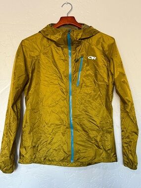 Outdoor Research Helium II UL Rain Jacket, Size M, Olive w/teal zippers